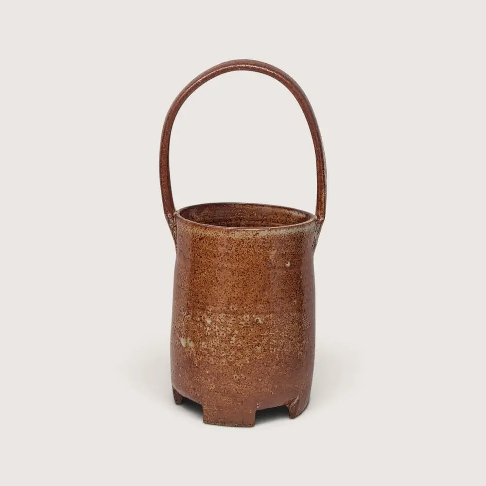 Vintage Handmade Stoneware Pottery Basket with Frog Motif